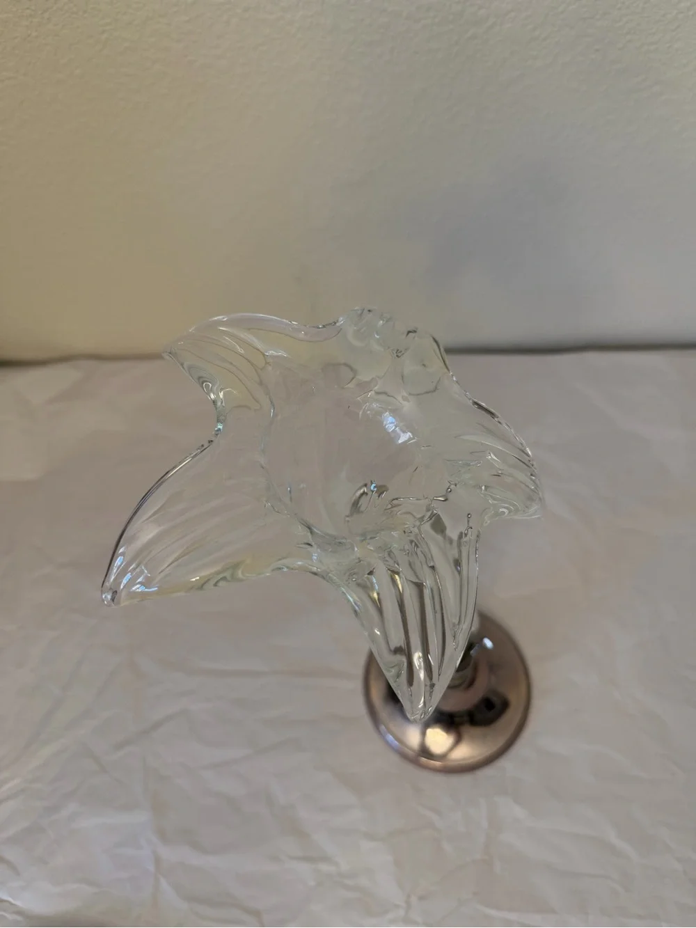 Vintage Clear Glass lily in bloom Vase with patina Silver-Tone Base patina